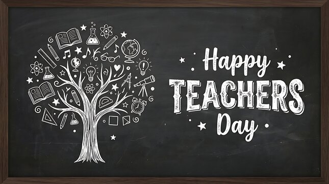 Chalkboard drawing of a tree made of school supplies with happy teachers day text inscription with composed various educational educational icons next