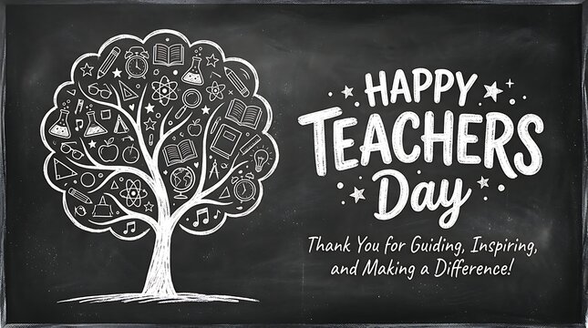 Chalkboard illustration of a tree featuring school supplies and text for teachers day celebration with celebrating teachers contributions