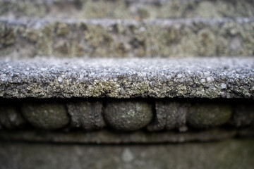 Weathered stone architectural cornice molding with carved relief detail and moss, representing classical stonework, historic monument heritage, and masonry degradation. © Marina