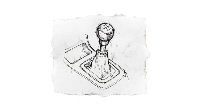 Hand drawn car gear shifter sketch isolated on paper background for automotive transmission driving mechanics concept