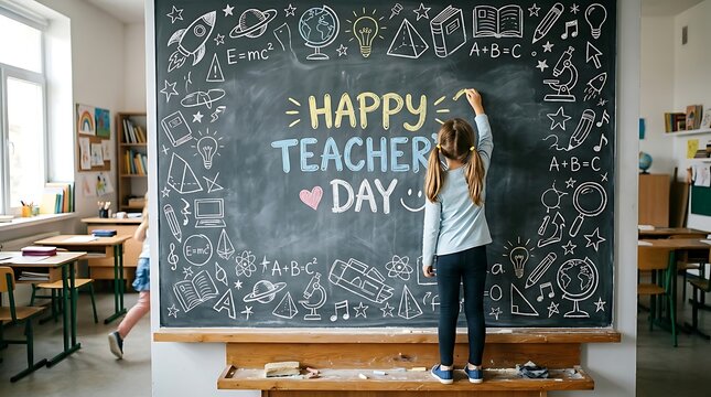 A young girl stands on a wooden bench to write on a classroom chalkboard decorated with educational drawings for teacher day celebration