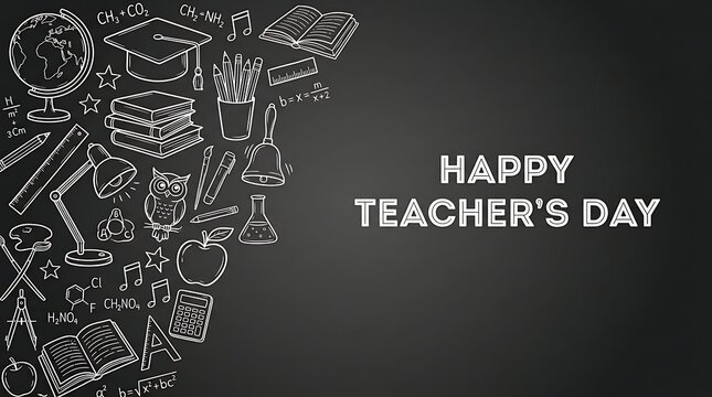 Happy teacher day greeting card with white hand drawn educational icons on a black board background with chalkboard background surface