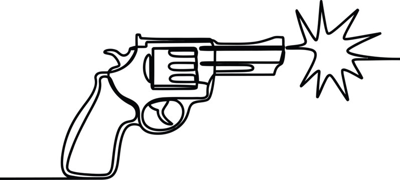 Continuous single line drawing of a revolver pistol gun firing a bullet with a muzzle flash explosion effect in a simple minimalist art style