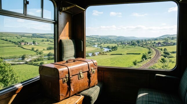Vintage Suitcase on a Train Journey with Scenic Countryside View.