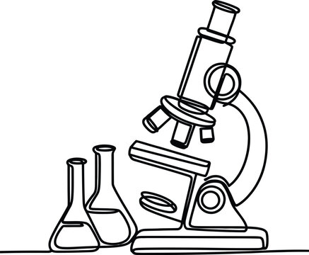 Continuous single line drawing of a microscope and laboratory flasks for science education research and clinical medical testing equipment vector