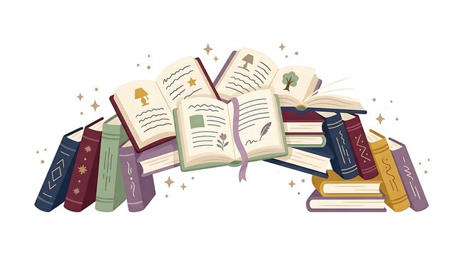A stack of open and closed colorful books arranged in a pile on white background with volumes with volumes