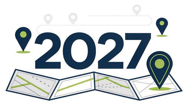 Navigation map for year 2027 with multiple location pins future planning business strategy travel planning multiple locations direction