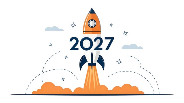 Space rocket launch representing business growth for the year 2027 with future planning innovation progress development business strategy