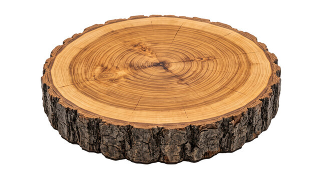 Natural tree trunk cross section slab slice with bark isolated on transparent background