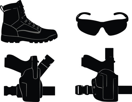 Tactical gear vector icon set featuring combat boots, protective glasses, and holsters for military equipment