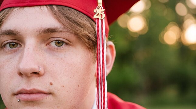 Close-up portrait of graduate wearing red cap with 2025 tassel, high school graduation