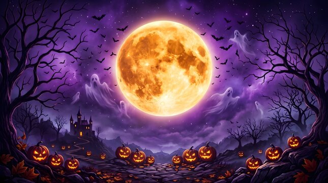 Halloween jack o lanterns glowing under full moon in haunted forest with copy space