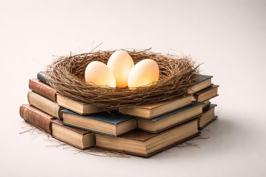 A bird's nest with three eggs on top of a stack of old books, symbolizing knowledge and new beginnings in education