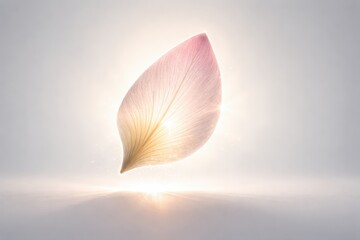Fototapeta premium Beautiful pink leaf with sunlight shining through it on a white background with soft shadows and a warm glow, symbolizing nature and serenity