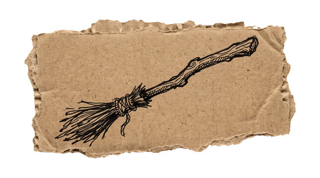 Old witch broomstick drawn in dark ink line sketch style. Classic Halloween magic flying broom visual for October trick or treat flyer, witchcraft event banner mockup template.