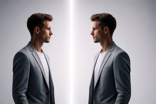 Two identical men in gray blazers facing each other with a bright light between them on gray background