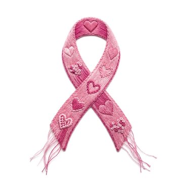Embroidered pink ribbon symbol for breast cancer awareness and pink october isolated on white