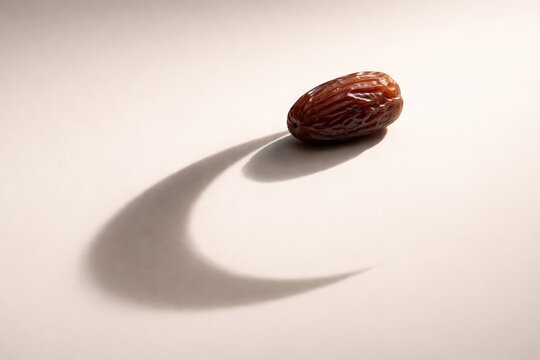 A single dried date with a crescent-shaped shadow on a beige background, symbolizing Ramadan or healthy eating
