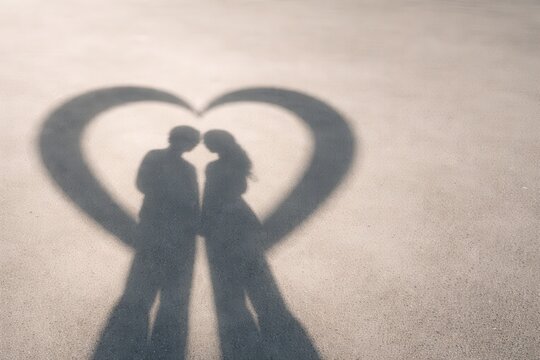 Romantic couple's shadow forming a heart shape on the ground togetherness and love concept