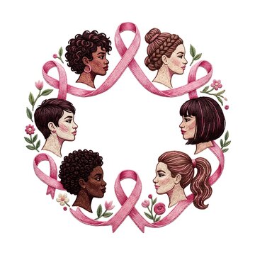 Embroidered breast cancer awareness wreath with diverse women for Pink October