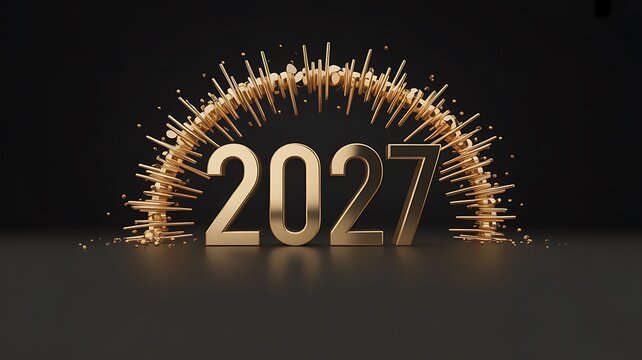 Golden 2027 numbers standing on a reflective surface with a glowing firework arch background for new year