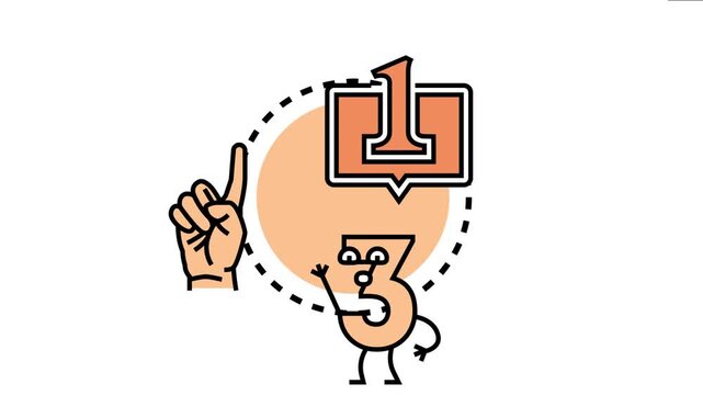 Number three character reacting to hand finger count in speech bubble, an arithmetic problem, education, or elementary math lesson