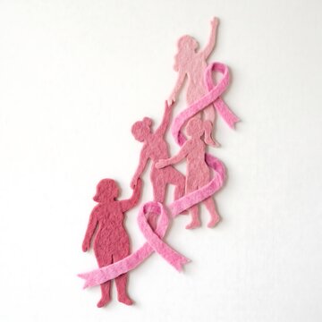 Pink October breast cancer awareness concept in felt craft style with women supporting each other and ribbons