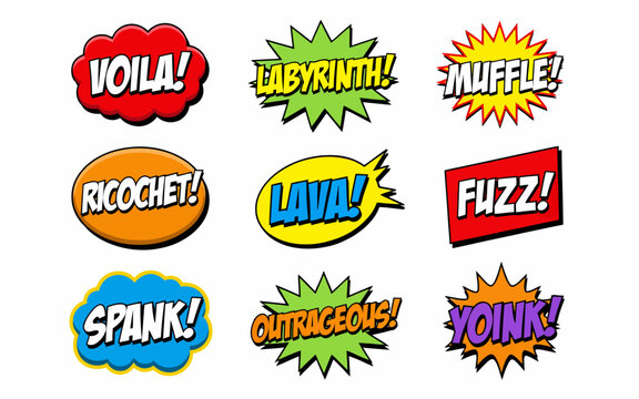 Colorful comic style speech bubble sound effect labels with transparent background