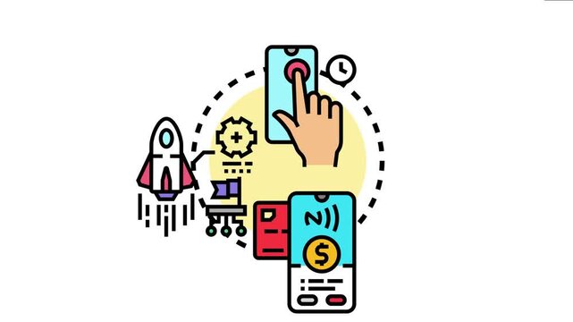 User tapping a smartphone screen initiating a streamlined process for product or service launch, signifying quick start, innovative development, and effortless implementation