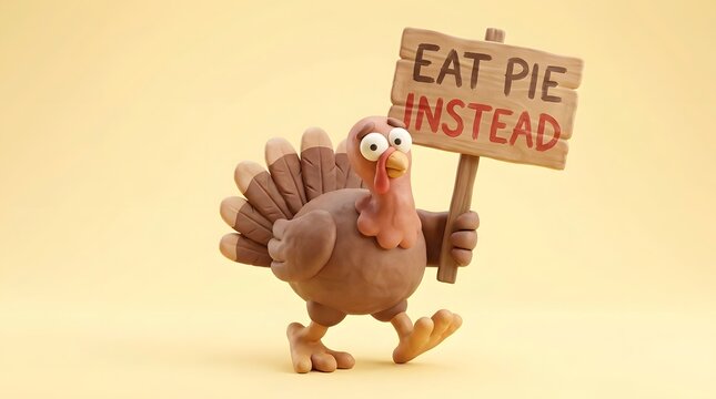 Funny claymation turkey holding sign that says eat pie instead on yellow background.