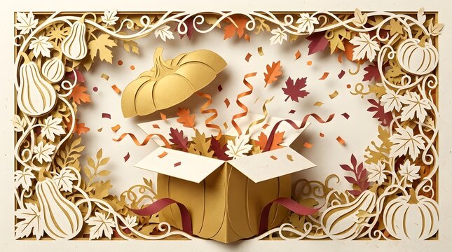 Exploding gift box with paper pumpkin, leaves, and confetti celebrating fall festivities.