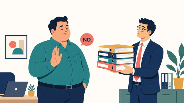 Man rejecting work assignment from colleague in modern office