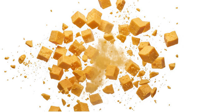 Cheddar cheese cubes exploding or flying in the air isolated on transparent background
