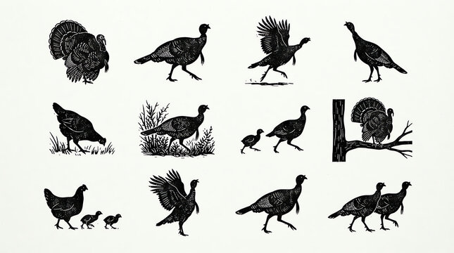 Collection of black silhouette illustrations of wild turkeys in various poses isolated on a white background