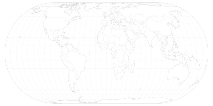 Minimalist outline-only world map vector in Eckert IV projection with white background and gray borders. Oval equal-area view. Editable vector, layers named by country (English).