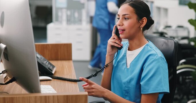 Healthcare, computer or nurse on telephone call for appointment booking, schedule or referral. Tech, woman or talk to contact at clinic reception for typing, admission solution or medical admin