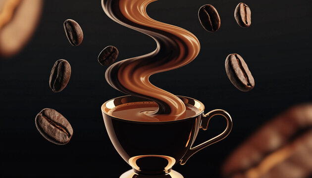 Espresso cup with swirling steam and floating coffee beans in dark setting