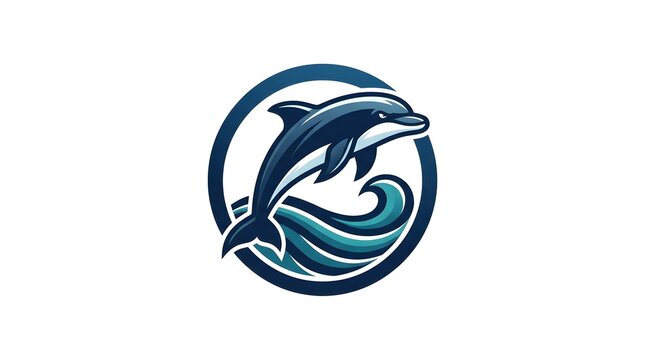 Stylized dolphin logo with ocean waves in circular design