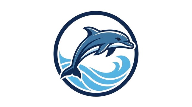 Blue dolphin jumping over stylized ocean waves in circular logo