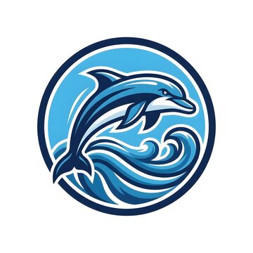 Stylized dolphin logo with waves in circular design