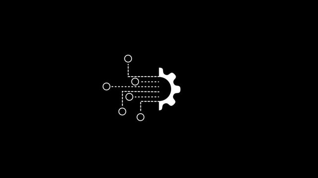 Abstract vector line icon representing digital transformation, data network processing, automated workflow integration, technical systems connectivity, smart tech infrastructure, gear mechanism, 