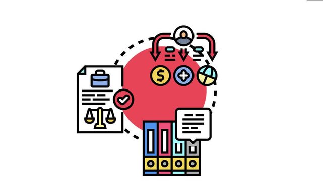 Business icons illustrate the process of onboarding new employees, ensuring compliance with company policies, legal regulations, and financial guidelines for proper management