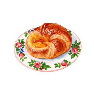 Danish Pastry with Apricot Filling on Floral Plate &ndash; Watercolor Illustration