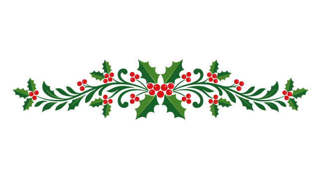 Elegant symmetrical Christmas holly and red berry horizontal divider with decorative green leaves and floral vine swirls for festive winter holiday border and stationery design.