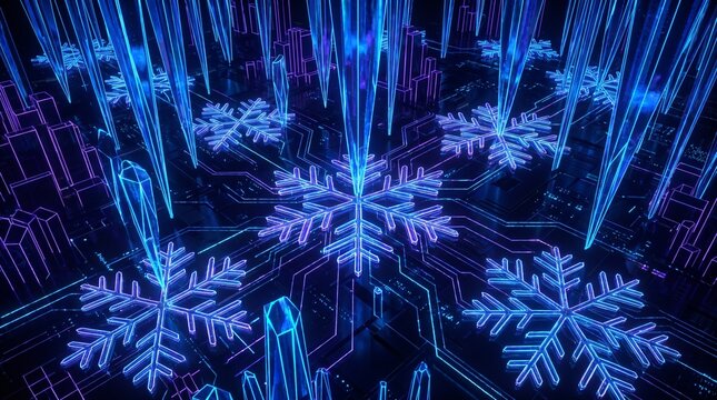 Abstract Winter Blue Neon Icicle and Snowflake Background