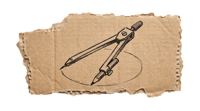 Drafting compass drawing precise circles sketch on cardboard. Architectural engineering geometry tool graphic for geometry lesson poster, drafting banner and construction mockup.