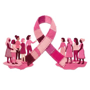 Fabric patchwork style pink ribbon with women for breast cancer awareness and pink october campaign