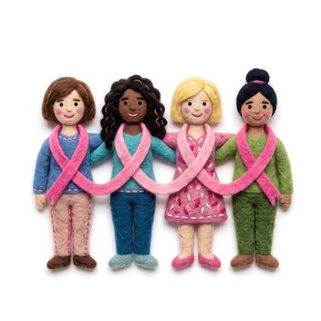 Felt craft style diverse women connected by pink ribbon supporting breast cancer awareness in pink october