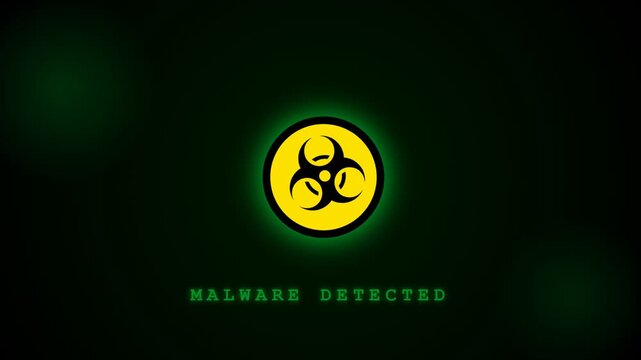 Digital malware detected alert with yellow biohazard symbols