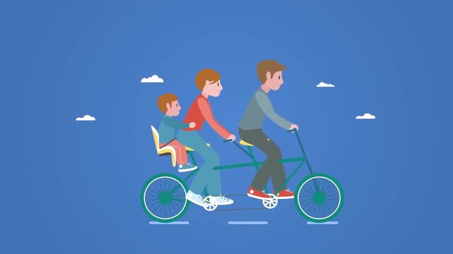 Family riding tandem bicycle together happily in animated video clip illustration with blue background and clouds